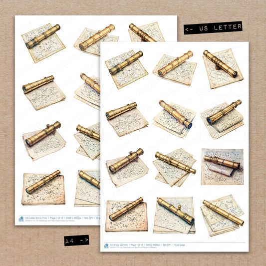 A4 and US Letter format comparison showing Telescope and Star Chart fussy cut pages for print and cut crafting