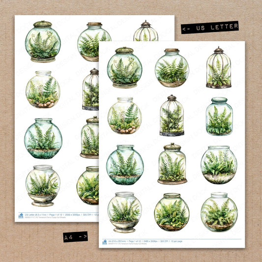A4 and US Letter format comparison showing Terrarium Ferns fussy cut pages for print and cut crafting