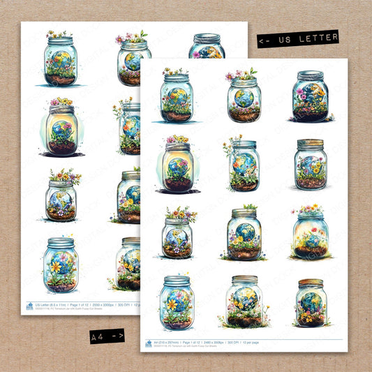 A4 and US Letter format comparison showing Terrarium Jar with Earth fussy cut pages for print and cut crafting