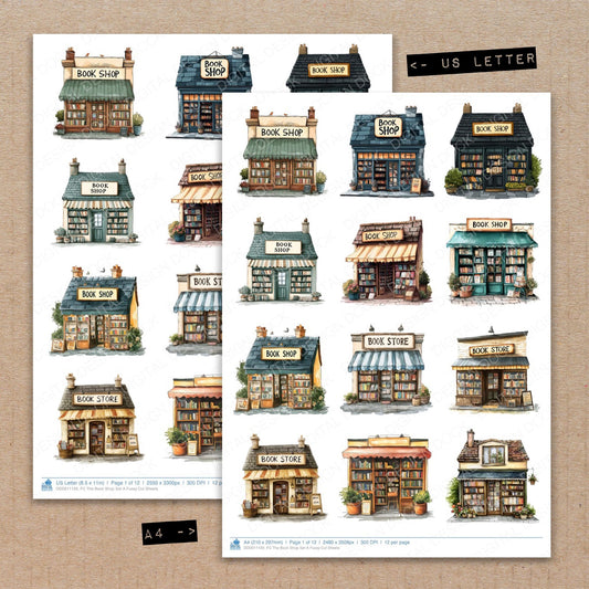 A4 and US Letter format comparison showing The Book Shop A fussy cut pages for print and cut crafting