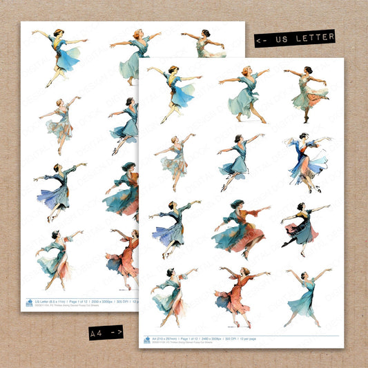 A4 and US Letter format comparison showing Thirties Swing Dancer fussy cut pages for print and cut crafting