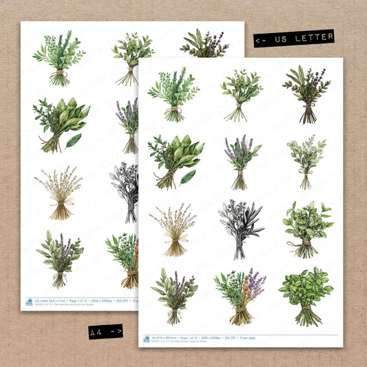 A4 and US Letter format comparison showing Tied Herb fussy cut pages for print and cut crafting