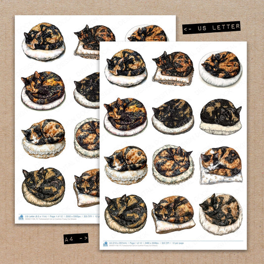A4 and US Letter format comparison showing Tortoiseshell Cat on Cushion fussy cut pages for print and cut crafting
