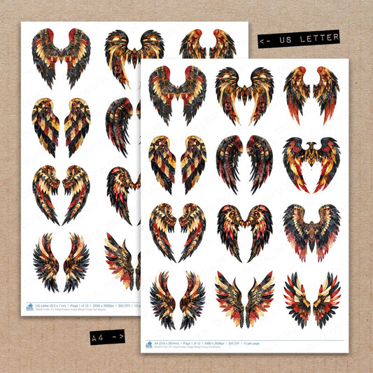 A4 and US Letter format comparison showing Tribal Pattern Angel Wings fussy cut pages for print and cut crafting