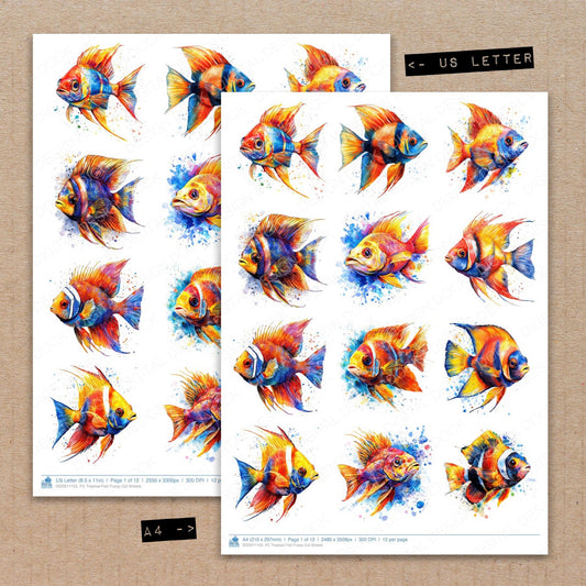 A4 and US Letter format comparison showing Tropical Fish fussy cut pages for print and cut crafting