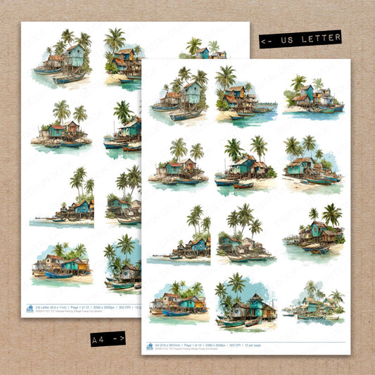 A4 and US Letter format comparison showing Tropical Fishing Village fussy cut pages for print and cut crafting