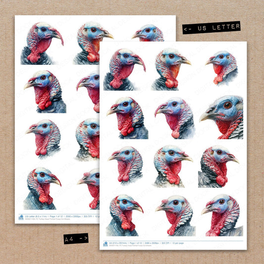 A4 and US Letter format comparison showing Turkey Head Portrait fussy cut pages for print and cut crafting