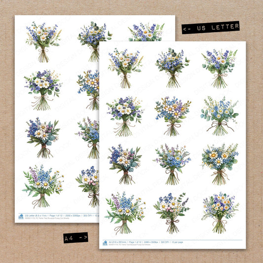 A4 and US Letter format comparison showing Twine Tied Bouquet fussy cut pages for print and cut crafting
