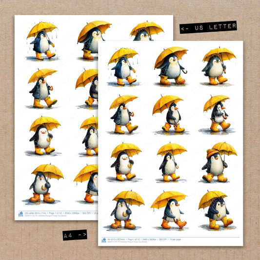 A4 and US Letter format comparison showing Umbrella Penguin fussy cut pages for print and cut crafting