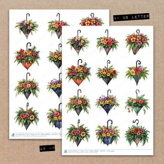 A4 and US Letter format comparison showing Umbrella Planter of Flowers fussy cut pages for print and cut crafting