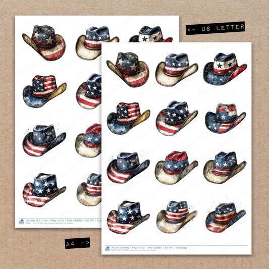 A4 and US Letter format comparison showing USA Flag Cowboy Hat fussy cut pages for print and cut crafting