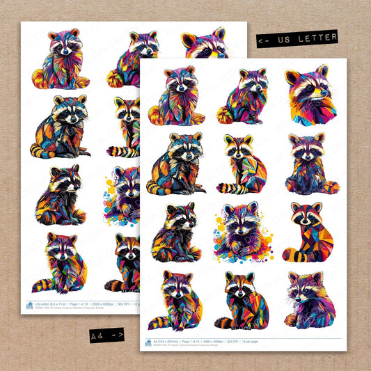A4 and US Letter format comparison showing Vector Colourful Raccoon fussy cut pages for print and cut crafting