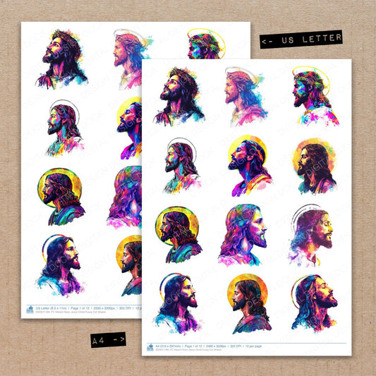 A4 and US Letter format comparison showing Vibrant Neon Jesus Christ fussy cut pages for print and cut crafting