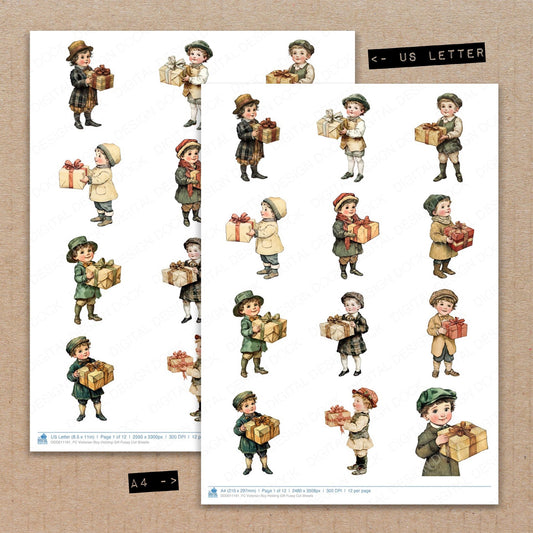 A4 and US Letter format comparison showing Victorian Boy Holding Gift fussy cut pages for print and cut crafting