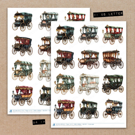 A4 and US Letter format comparison showing Victorian Horse Drawn Carriage fussy cut pages for print and cut crafting