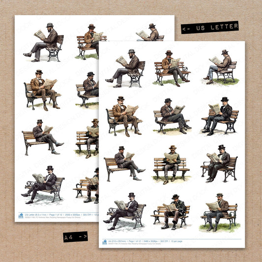 A4 and US Letter format comparison showing Victorian Man Reading Newspaper fussy cut pages for print and cut crafting