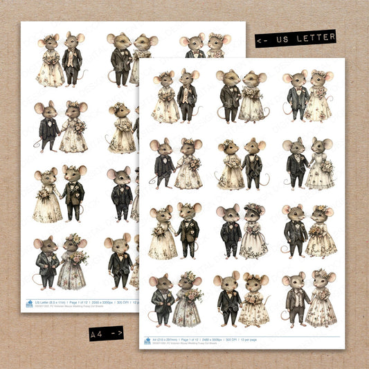 A4 and US Letter format comparison showing Victorian Mouse Wedding fussy cut pages for print and cut crafting