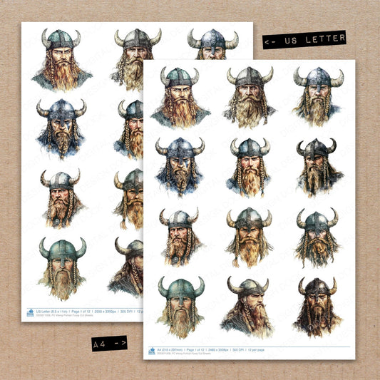 A4 and US Letter format comparison showing Viking Portrait fussy cut pages for print and cut crafting