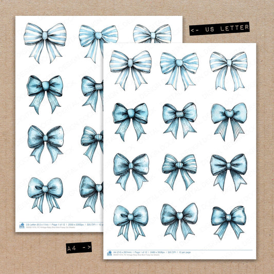 A4 and US Letter format comparison showing Vintage Baby Blue Bow fussy cut pages for print and cut crafting