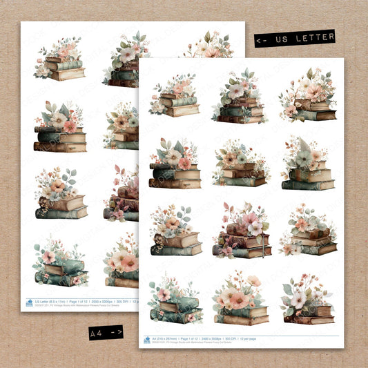 A4 and US Letter format comparison showing Vintage Books with Watercolour Flowers fussy cut pages for print and cut crafting