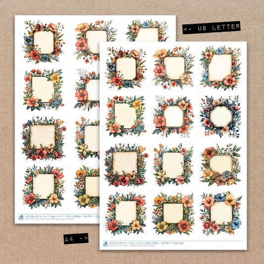 A4 and US Letter format comparison showing Vintage Floral Blank Sign fussy cut pages for print and cut crafting