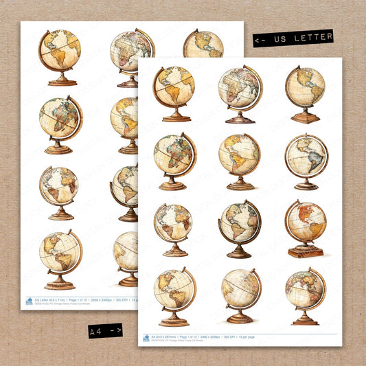 A4 and US Letter format comparison showing Vintage Globe fussy cut pages for print and cut crafting