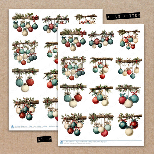 A4 and US Letter format comparison showing Vintage Hanging Baubles fussy cut pages for print and cut crafting
