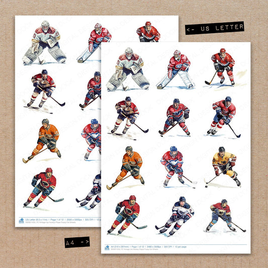 A4 and US Letter format comparison showing Vintage Ice Hockey Player fussy cut pages for print and cut crafting