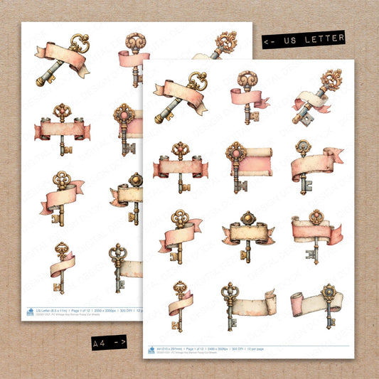 A4 and US Letter format comparison showing Vintage Key Banner fussy cut pages for print and cut crafting