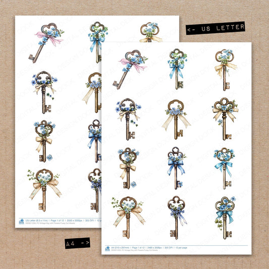 A4 and US Letter format comparison showing Vintage Key with Flowers fussy cut pages for print and cut crafting