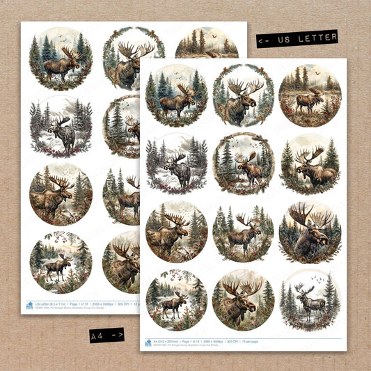 A4 and US Letter format comparison showing Vintage Moose Illustration fussy cut pages for print and cut crafting