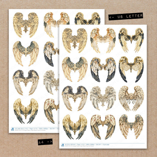 A4 and US Letter format comparison showing Vintage Pattern Angel Wings fussy cut pages for print and cut crafting