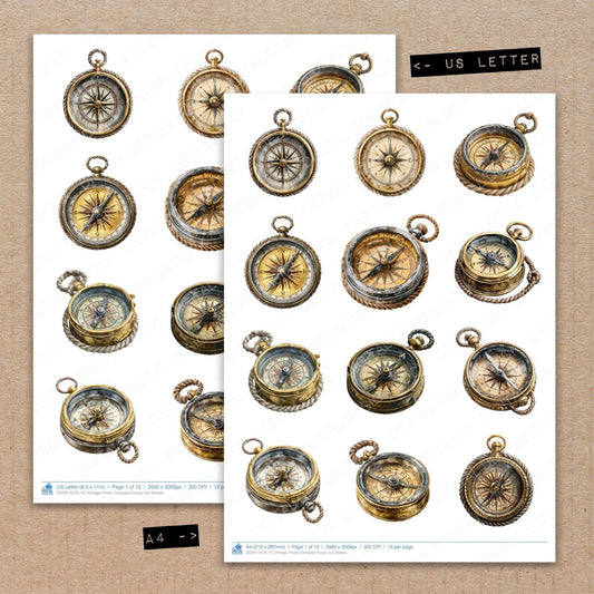 A4 and US Letter format comparison showing Vintage Pirate Compass fussy cut pages for print and cut crafting