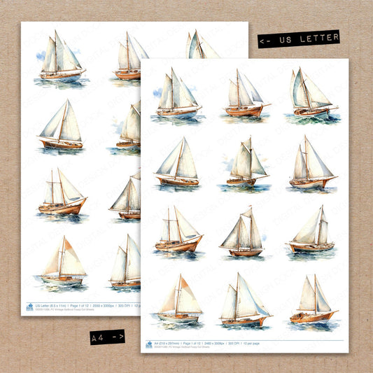 A4 and US Letter format comparison showing Vintage Sailboat fussy cut pages for print and cut crafting