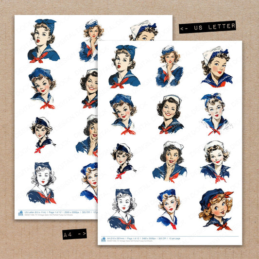 A4 and US Letter format comparison showing Vintage Sailor Girl Portrait fussy cut pages for print and cut crafting