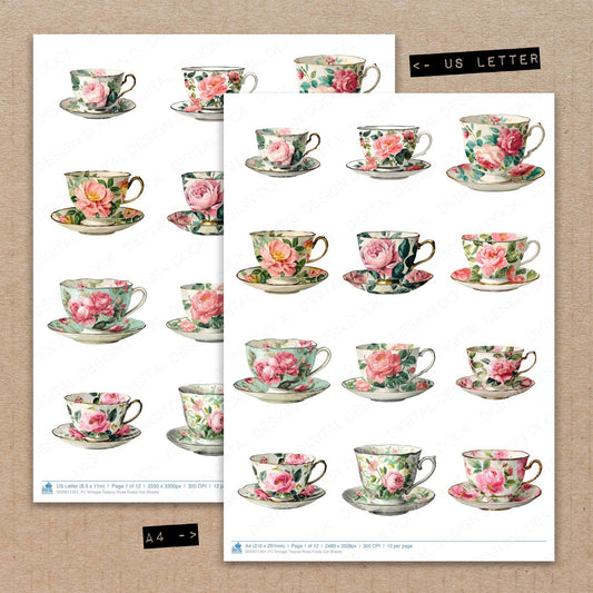 A4 and US Letter format comparison showing Vintage Teacup Rose fussy cut pages for print and cut crafting