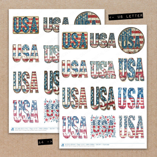 A4 and US Letter format comparison showing Vintage USA Flag Motif Letters fussy cut pages for print and cut crafting