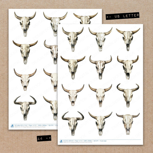 A4 and US Letter format comparison showing Vintage Watercolour Cow Skull fussy cut pages for print and cut crafting