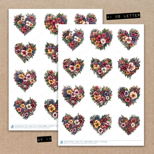 A4 and US Letter format comparison showing Vintage Watercolour Heart Shape B fussy cut pages for print and cut crafting