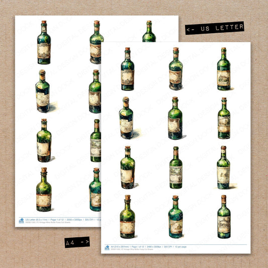 A4 and US Letter format comparison showing Vintage Wine Bottle fussy cut pages for print and cut crafting