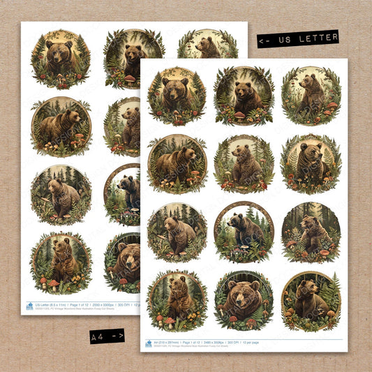 A4 and US Letter format comparison showing Vintage Woodland Bear Illustration fussy cut pages for print and cut crafting