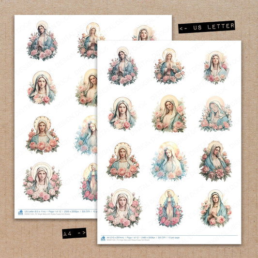 A4 and US Letter format comparison showing Virgin Mary with Roses fussy cut pages for print and cut crafting