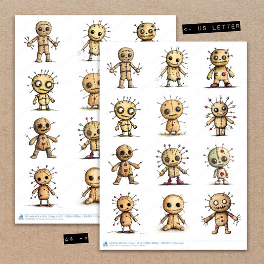 A4 and US Letter format comparison showing Voodoo Doll fussy cut pages for print and cut crafting