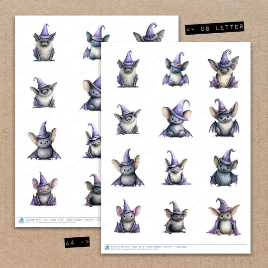 A4 and US Letter format comparison showing Watercolour Bat Witch Hat fussy cut pages for print and cut crafting