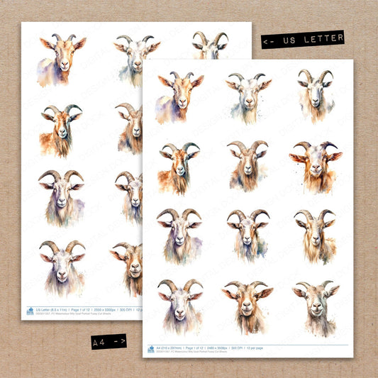 A4 and US Letter format comparison showing Watercolour Billy Goat Portrait fussy cut pages for print and cut crafting