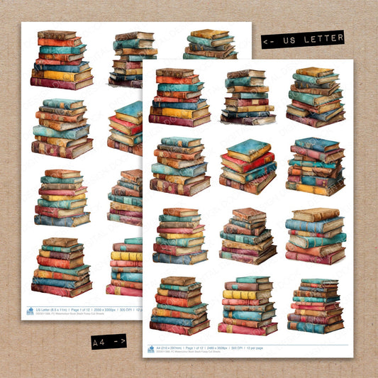 A4 and US Letter format comparison showing Watercolour Book Stack fussy cut pages for print and cut crafting
