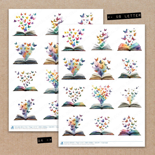 A4 and US Letter format comparison showing Watercolour Book with Butterflies fussy cut pages for print and cut crafting