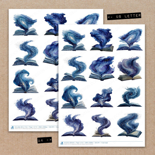 A4 and US Letter format comparison showing Watercolour Book with Galaxy fussy cut pages for print and cut crafting