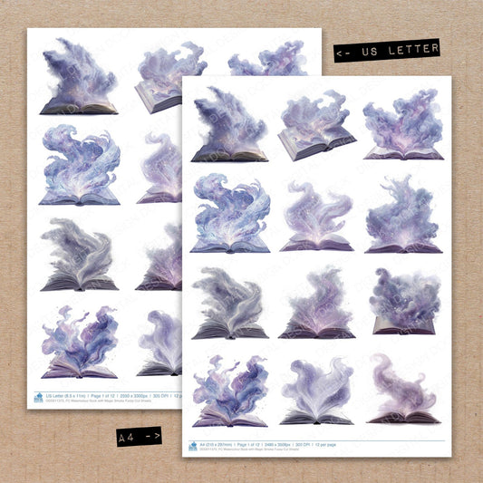 A4 and US Letter format comparison showing Watercolour Book with Magic Smoke fussy cut pages for print and cut crafting