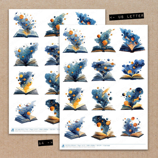 A4 and US Letter format comparison showing Watercolour Book with Planets fussy cut pages for print and cut crafting